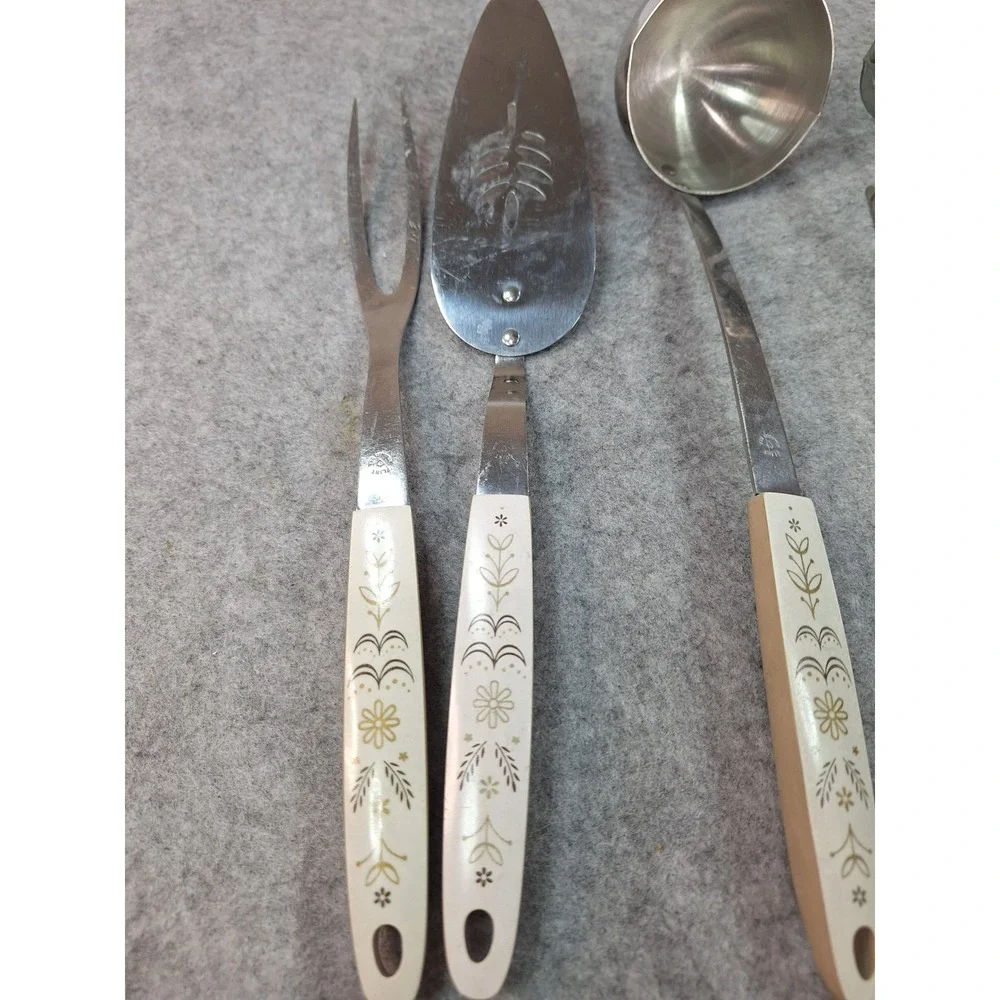 Vintage Ekco Flint Kitchen Utensil Set 6pc Stainless Steel Floral Handles USA